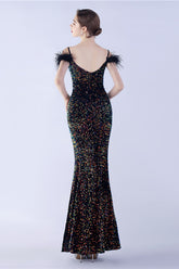 Meerjungfrau Spaghettiträger Pailletten Abendkleid mit Federn